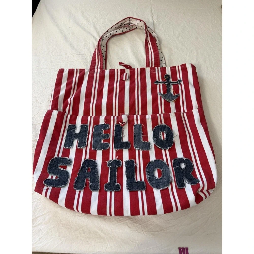 Womens Large Red Stripe Nautical Hello Sailor Reversible Denim Tote
